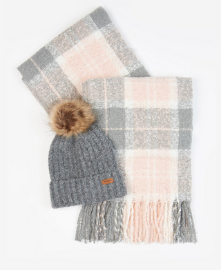 Barbour Saltburn Beanie & Tartan Scarf Gift Set - Grey Rose