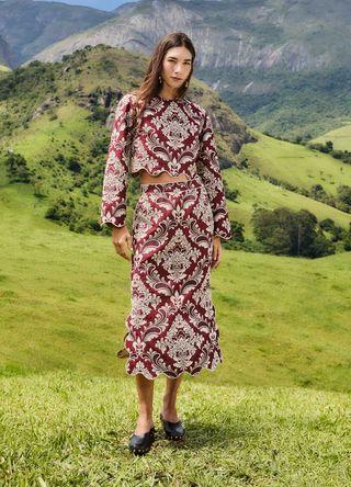 Bicolor Jacquard Waves Midi Skirt - Blush Pink + Burgundy