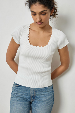 Cap Sleeve Scallop Neck Sweater -White