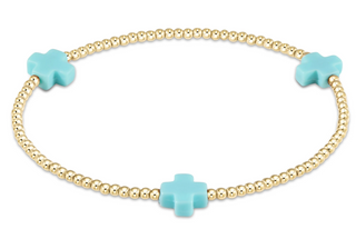 Signature Cross Gold Pattern 2mm Bead Bracelet - Turquoise
