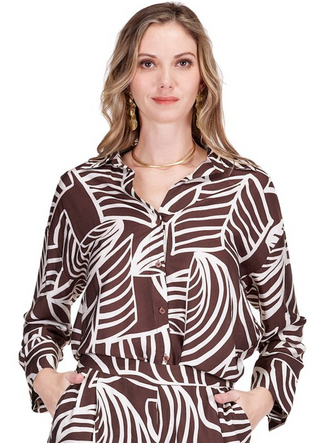 Split V-Neck Collar Blouse - Brown Ferns