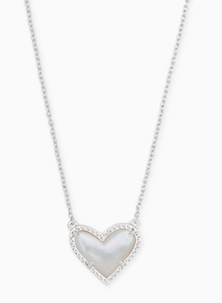 Ari Heart Short Pendant - Rhodium Ivory Mother of Pearl
