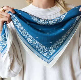 100% Silk Bandana Scarf -Santorini Floral China Blue Western