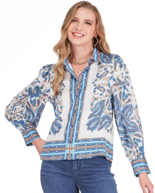 Scarf Puff Sleeve Blouse - Blue Saffron