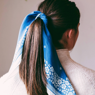 100% Silk Bandana Scarf -Santorini Floral China Blue Western