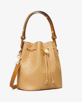 T Monogram Pebble Bucket Bag - Biscotti