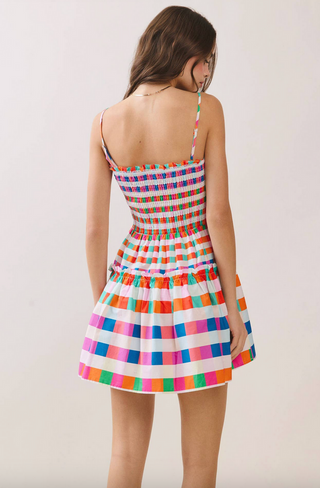 Multi Color Checkered Smocked Bodice Mini Dress