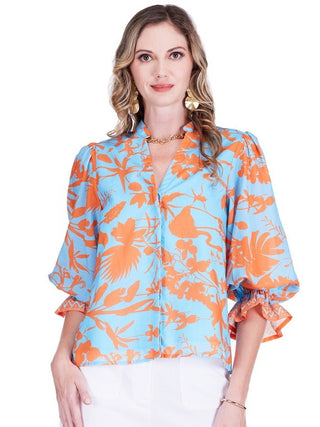 Split V-Neck Blouse - Birds of Paradise