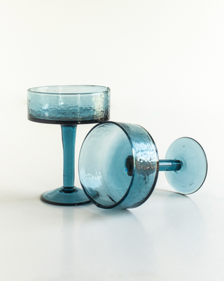 Handblown Hammered Coupe Cocktail Glass - Pair of 2 - Blue