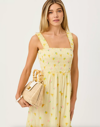 Sadly Smocked Maxi Dress - Estelle Yellow Lemon Bee Embroidery