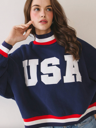 USA Letter Print Contrast Trim Sweatshirt - Navy