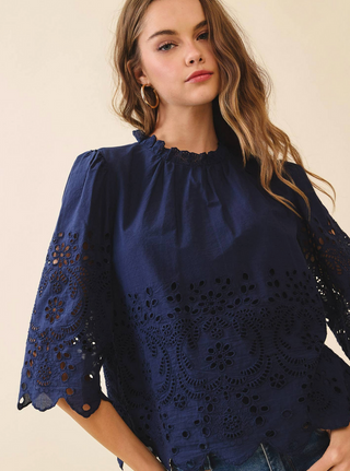 Floral Eyelet Embroidery Detail Solid Top - Navy