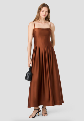 Slinky Satin Pleated Maxi Dress - Chestnut Brown