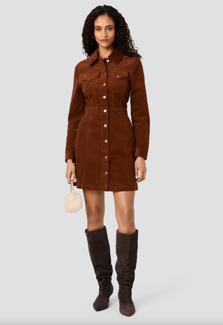 Casey Corduroy L/S Button-Front Mini Dress - Chestnut Brown
