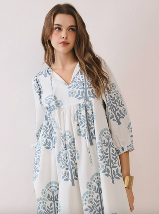 Printed Keyhole Front Dress with Balloon Sleeves - Blue