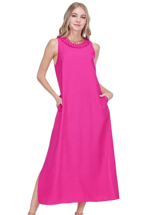Zig-Zag Trim Neck Column Dress - Berry