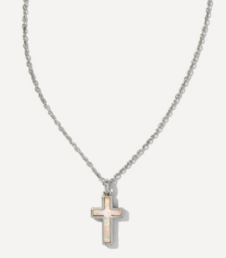Cross Pendant Necklace - Rhodium White Opal