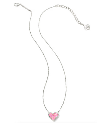 Ari Heart Short Pendant Necklace - Silver Pink Iridescent Glitter