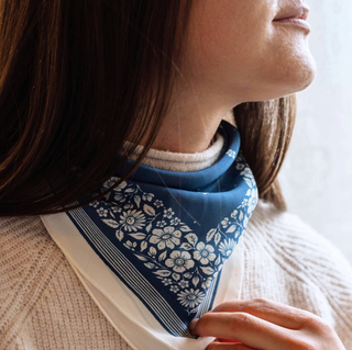 100% Silk Bandana Scarf -Santorini Floral China Blue Western