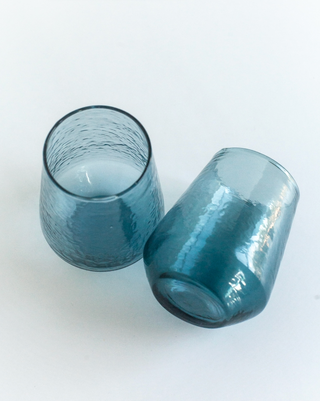 Handblown Hammered Glass Water Tumbler - Pair of 2 - Blue