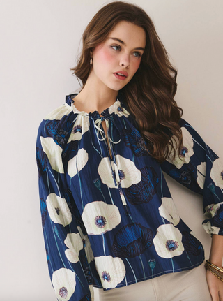 Floral Print Gathered Ruffle Neckline Blouse - Navy