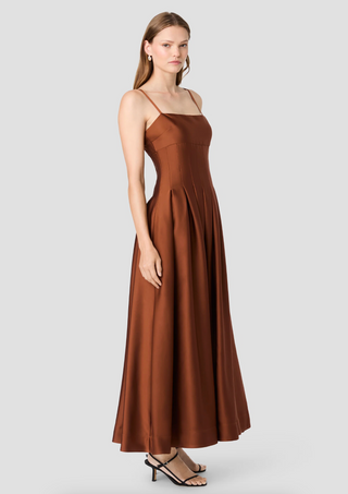 Slinky Satin Pleated Maxi Dress - Chestnut Brown