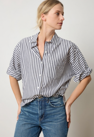 Dolman Sleeve Button Down Shirt - Navy / White Stripe