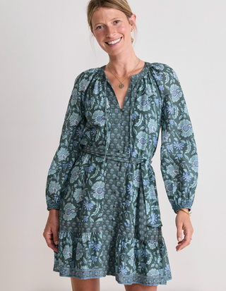 Long Sleeve Belted Dress - Edie Floral Balsam