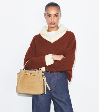 Romy Suede Pick Stitch Bucket Bag - Butter