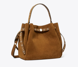 Romy Studded Suede Bucket Bag - Caramel