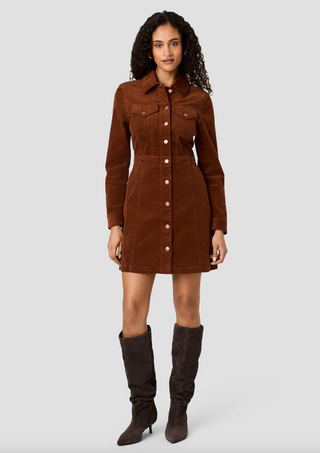 Casey Corduroy L/S Button-Front Mini Dress - Chestnut Brown
