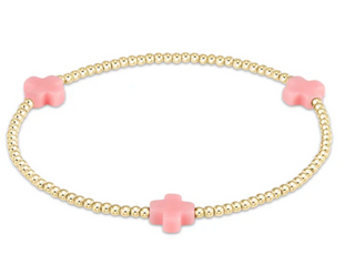 Signature Cross Small Gold Pattern 2MM Bead Bracelet - Pink