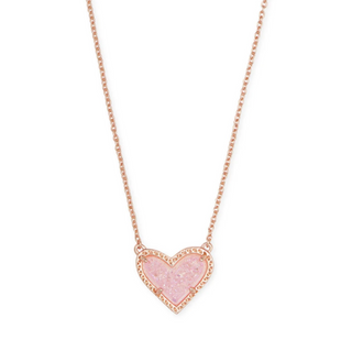 Ari Heart Short Pendant Necklace - Rose Gold Pink Drusy