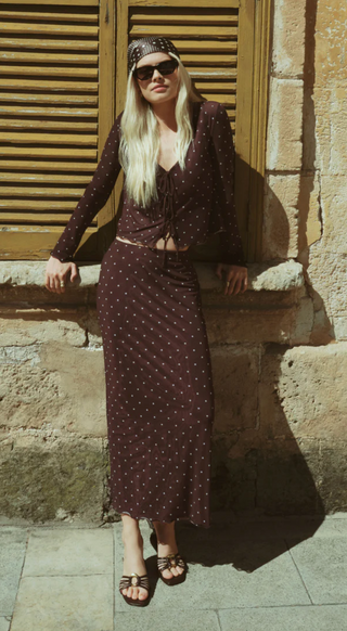 Eda Polka Dot Mesh Midi Skirt - Dark Chocolate