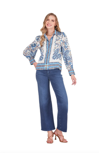 Scarf Puff Sleeve Blouse - Blue Saffron