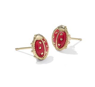 Ladybug Stud Earrings - Gold Red Vermillion Magnesite