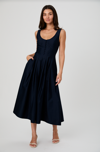 Cotton Sateen Midi Dress - Marine