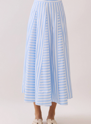 Striped Paneled Construction A Line Midi Skirt - Baby Blue