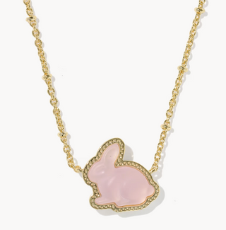 Bunny Short Pendant Necklace - Gold Matte Blush Pink Dichroic Glass