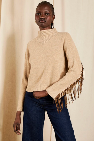 Vennette Combo Fringe Knit Sweater - Camel