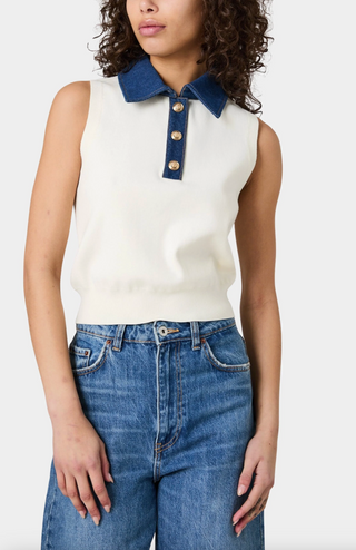 Maxime Knit Denim Collared Sweater Vest - P. Cream