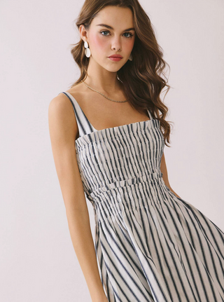 Smocked Bodice Adjustable Straps Off White Striped Dress