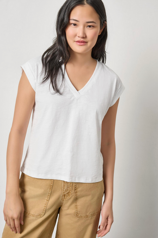 Cuffed Sleeve V Neck - White