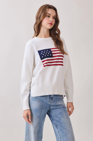 American Flag Knit Pullover Sweater - White