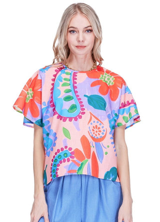 Shoulder Pleated Top - Happy Hibiscus