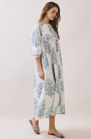 Printed Keyhole Front Dress with Balloon Sleeves - Blue