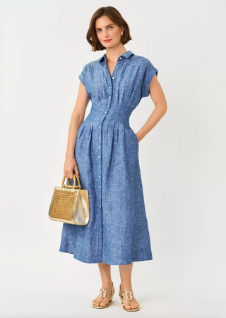 Tonya Linen Midi Shirtdress - Starlight Navy X Resort White
