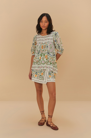 Folk Floral Off-White Scoop Neck Short Sleeve Blouse - Folk Floral Off-White