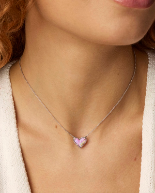 Ari Heart Short Pendant Necklace - Silver Pink Iridescent Glitter