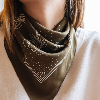 100% Silk Bandana Scarf - Classic Deep Olive Floral Western